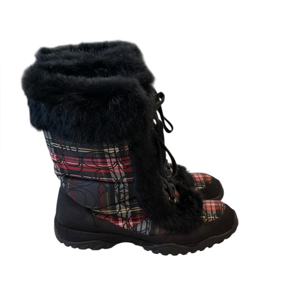 COACH Jennie Tartan Plaid Rabbit Fur Trim Lace Up Winter Snow Boots Size 9 - Picture 5 of 9
